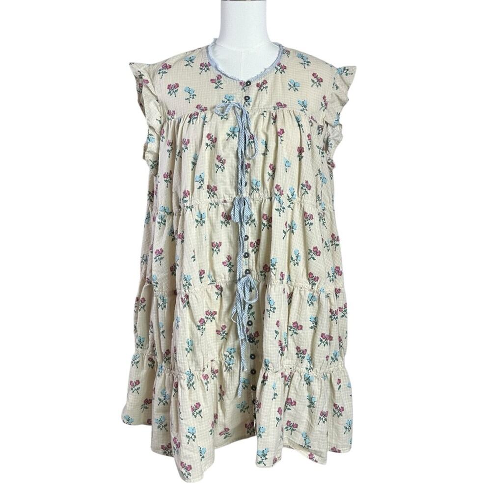 Free People Bohemian Prairie Sundown Mini Dress Tunic Top Ivory Combo Large - Picture 8 of 15